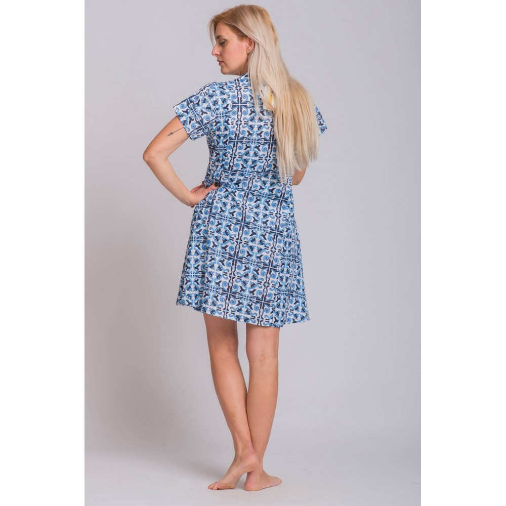 Rima-Beachwear 3131-04, Βαμβακερό Φόρεμα με γεωμετρικό σχέδιο, ΜΠΛΕ