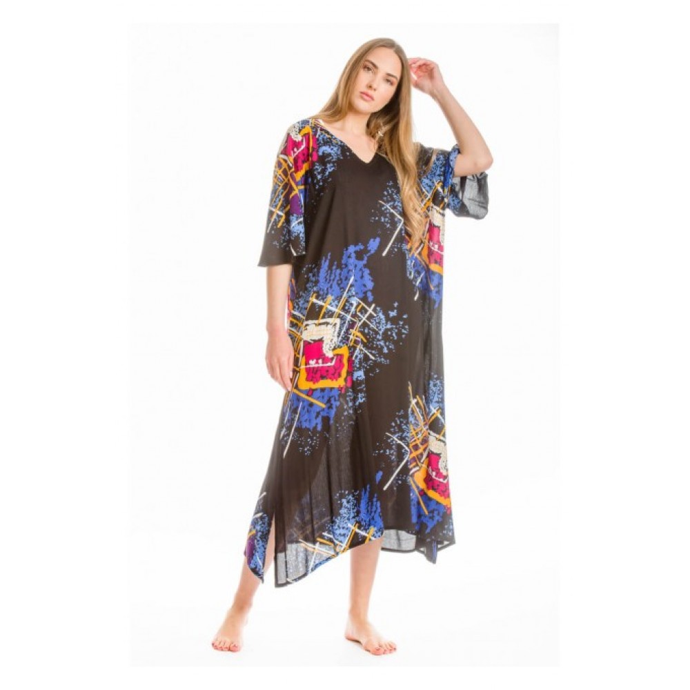 Rima-Beachwear 359-17, Μακρύ Καφτάνι Viscose Crincle με σχέδια, ΜΑΥΡΟ