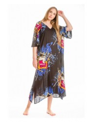 Rima-Beachwear 359-17, Μακρύ Καφτάνι Viscose Crincle με σχέδια, ΜΑΥΡΟ