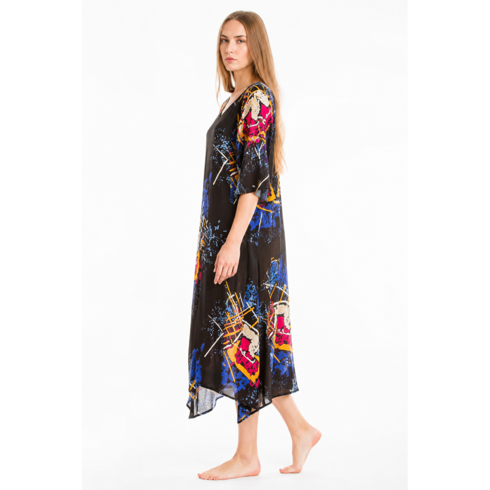 Rima-Beachwear 359-17, Μακρύ Καφτάνι Viscose Crincle με σχέδια, ΜΑΥΡΟ