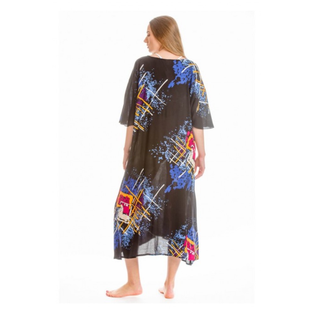 Rima-Beachwear 359-17, Μακρύ Καφτάνι Viscose Crincle με σχέδια, ΜΑΥΡΟ