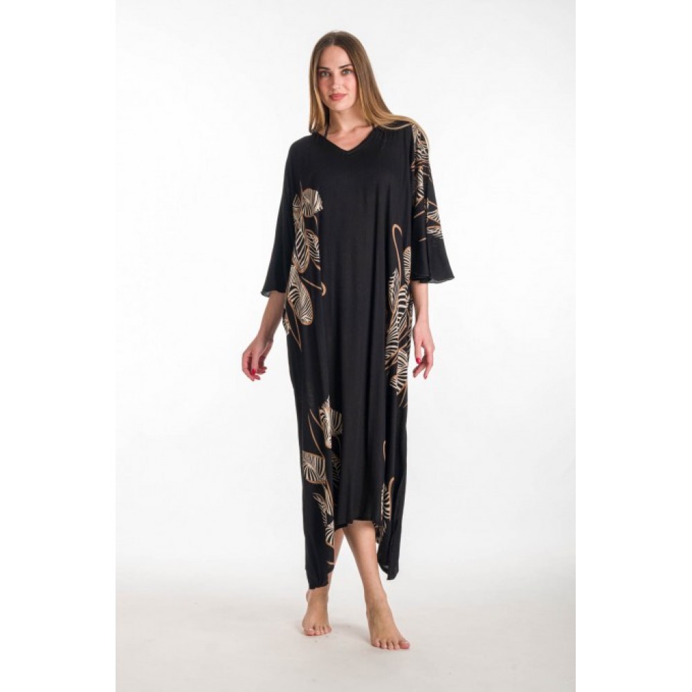 Rima-Beachwear 359-69, Μακρύ Καφτάνι Viscose Crincle με σχέδια, ΜΑΥΡΟ