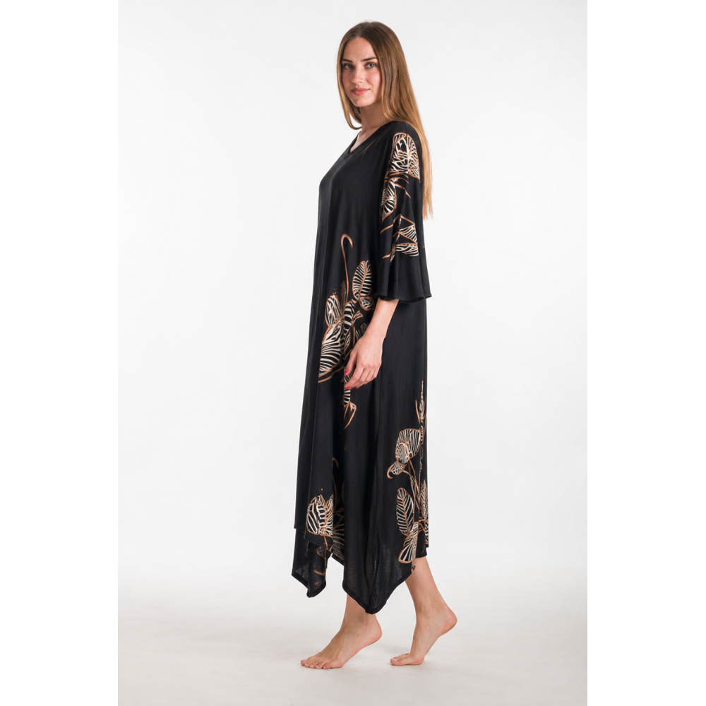 Rima-Beachwear 359-69, Μακρύ Καφτάνι Viscose Crincle με σχέδια, ΜΑΥΡΟ