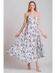 Rima-Beachwear 3619-01, Μακρύ Φόρεμα Βισκόζ με τιράντα και σχέδιο, ΜΠΛΕ