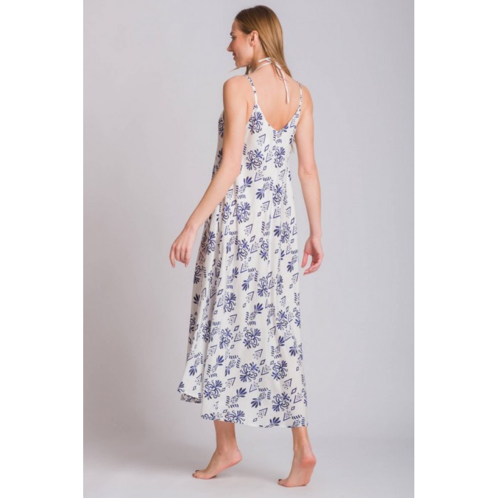 Rima-Beachwear 3619-01, Μακρύ Φόρεμα Βισκόζ με τιράντα και σχέδιο, ΜΠΛΕ
