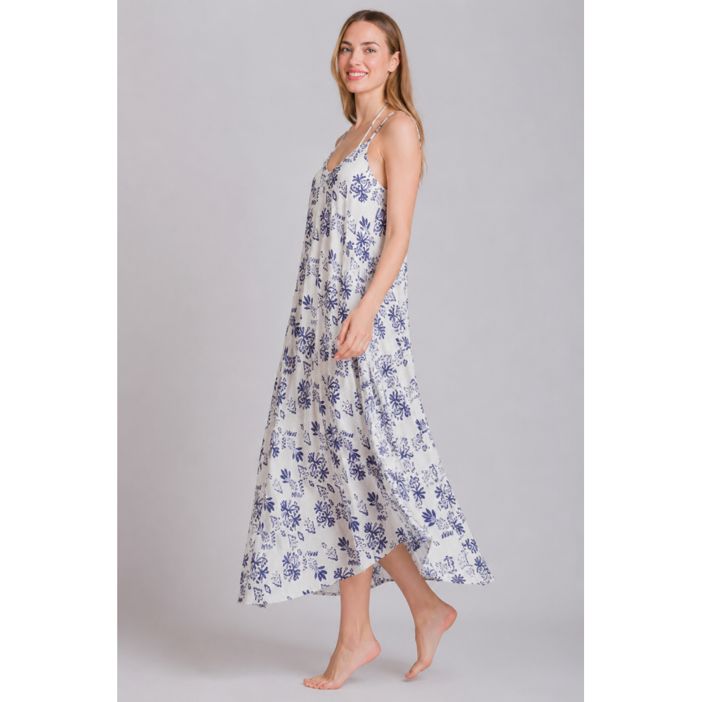 Rima-Beachwear 3619-01, Μακρύ Φόρεμα Βισκόζ με τιράντα και σχέδιο, ΜΠΛΕ