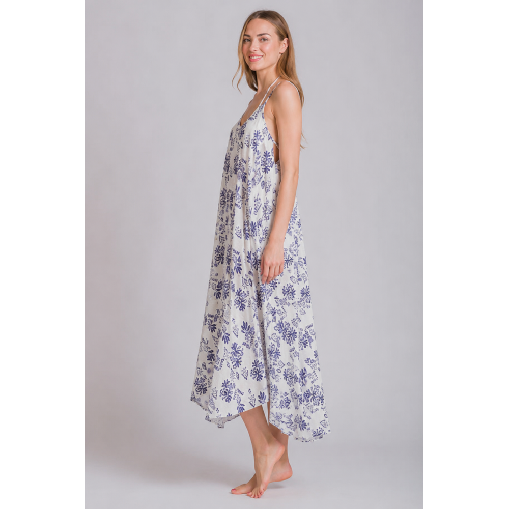 Rima-Beachwear 3619-01, Μακρύ Φόρεμα Βισκόζ με τιράντα και σχέδιο, ΜΠΛΕ