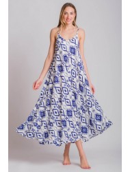 Rima-Beachwear 3619-02, Μακρύ Φόρεμα Βισκόζ με τιράντα και γεωμετρικό σχέδιο, ΜΠΛΕ