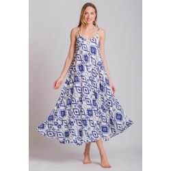 Rima-Beachwear 3619-02, Μακρύ Φόρεμα Βισκόζ με τιράντα και γεωμετρικό σχέδιο, ΜΠΛΕ