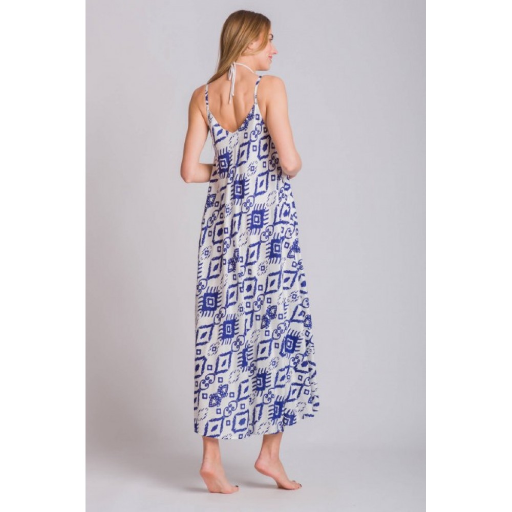Rima-Beachwear 3619-02, Μακρύ Φόρεμα Βισκόζ με τιράντα και γεωμετρικό σχέδιο, ΜΠΛΕ