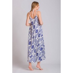 Rima-Beachwear 3619-02, Μακρύ Φόρεμα Βισκόζ με τιράντα και γεωμετρικό σχέδιο, ΜΠΛΕ