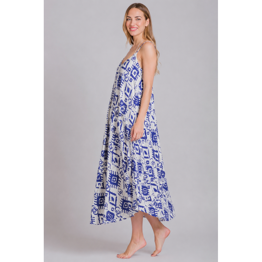 Rima-Beachwear 3619-02, Μακρύ Φόρεμα Βισκόζ με τιράντα και γεωμετρικό σχέδιο, ΜΠΛΕ