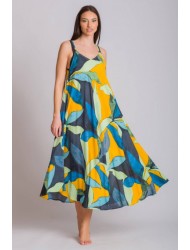 Rima-Beachwear 3619-04, Μακρύ Φόρεμα Βισκόζ με τιράντα και εμπριμέ σχέδιο, ΚΙΤΡΙΝΟ