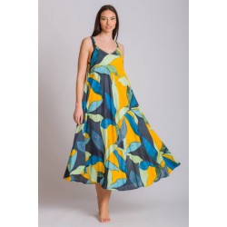 Rima-Beachwear 3619-04, Μακρύ Φόρεμα Βισκόζ με τιράντα και εμπριμέ σχέδιο, ΚΙΤΡΙΝΟ