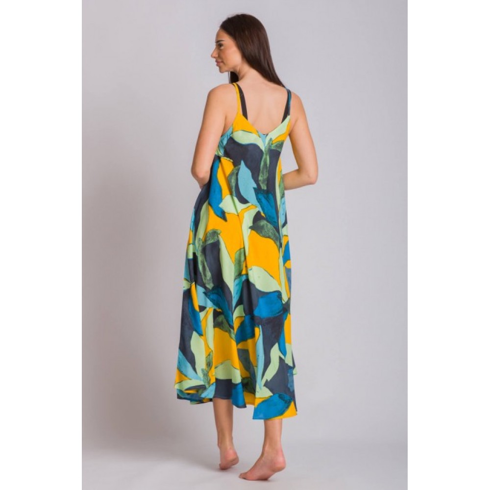 Rima-Beachwear 3619-04, Μακρύ Φόρεμα Βισκόζ με τιράντα και εμπριμέ σχέδιο, ΚΙΤΡΙΝΟ