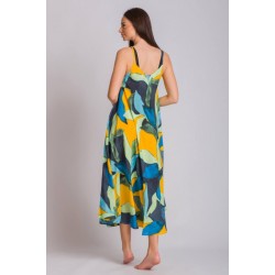 Rima-Beachwear 3619-04, Μακρύ Φόρεμα Βισκόζ με τιράντα και εμπριμέ σχέδιο, ΚΙΤΡΙΝΟ