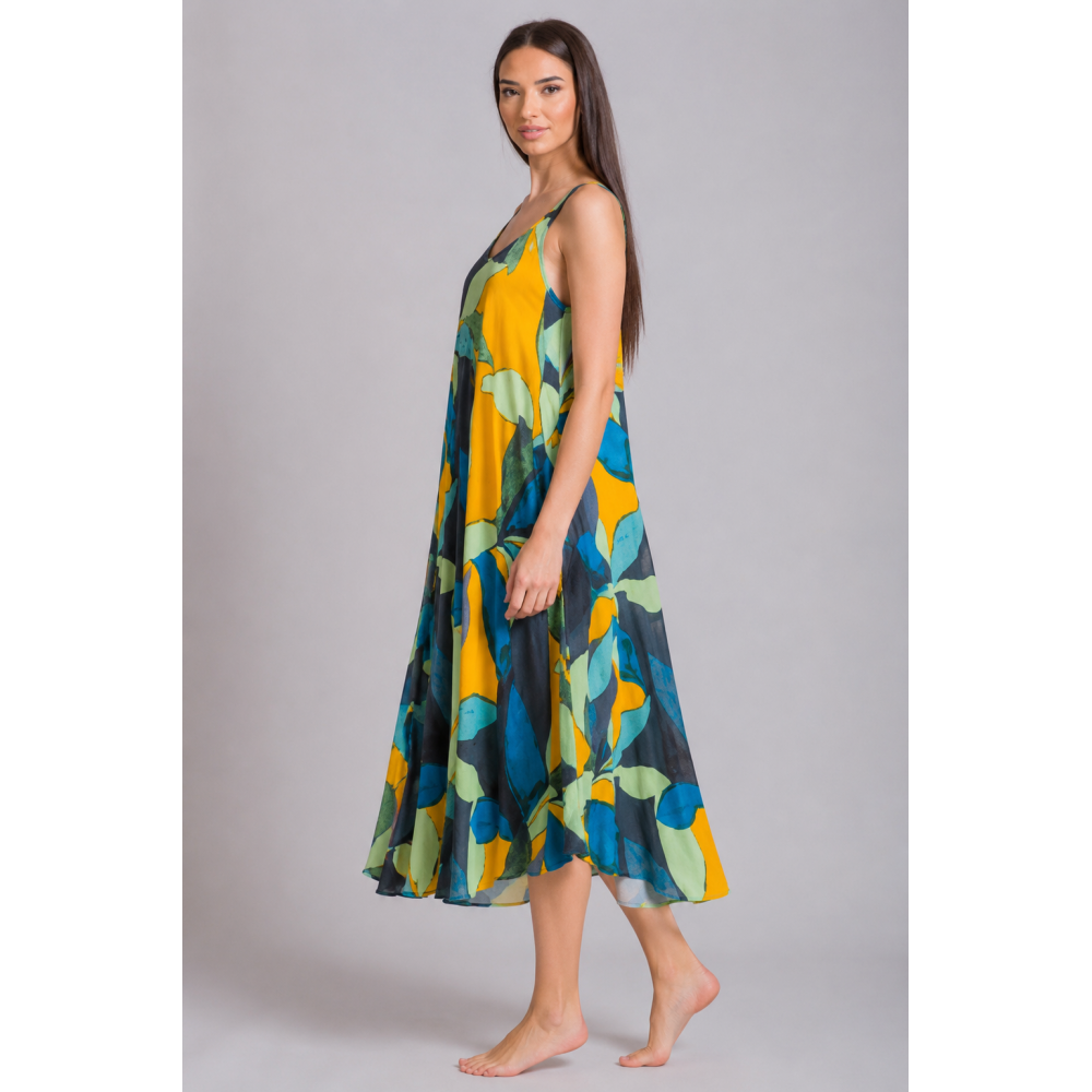Rima-Beachwear 3619-04, Μακρύ Φόρεμα Βισκόζ με τιράντα και εμπριμέ σχέδιο, ΚΙΤΡΙΝΟ