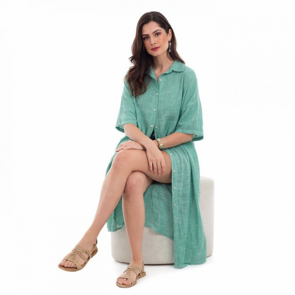 Platinum Fashion LN104, Γυναικεία Μακριά Λινή Πουκαμίσα  με κουμπιά, ΒΕΡΑΜΑΝ