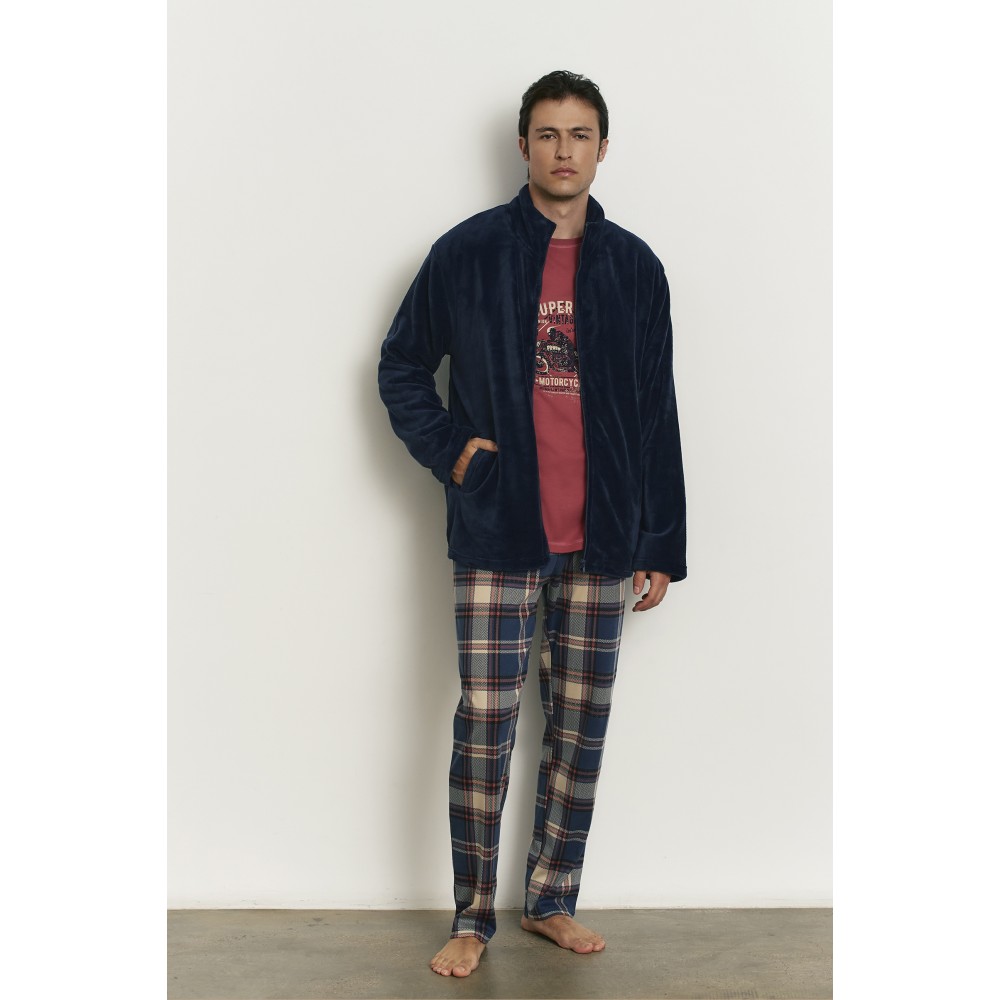 Promise H35073, Ανδρική Πυζάμα 3τμχ Interlock με Ζακέτα Fleece,   ΜΠΛΕ