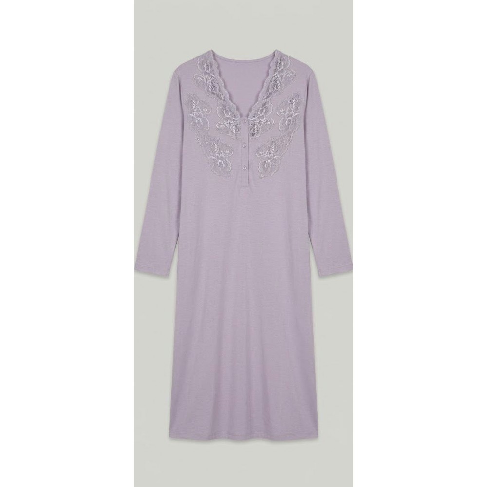Pen-ky Lingerie 12953D2, Μακρύ Νυχτικό Βαμβάκι-Modal με δαντέλα, ΒΙΟΛΕΤΙ