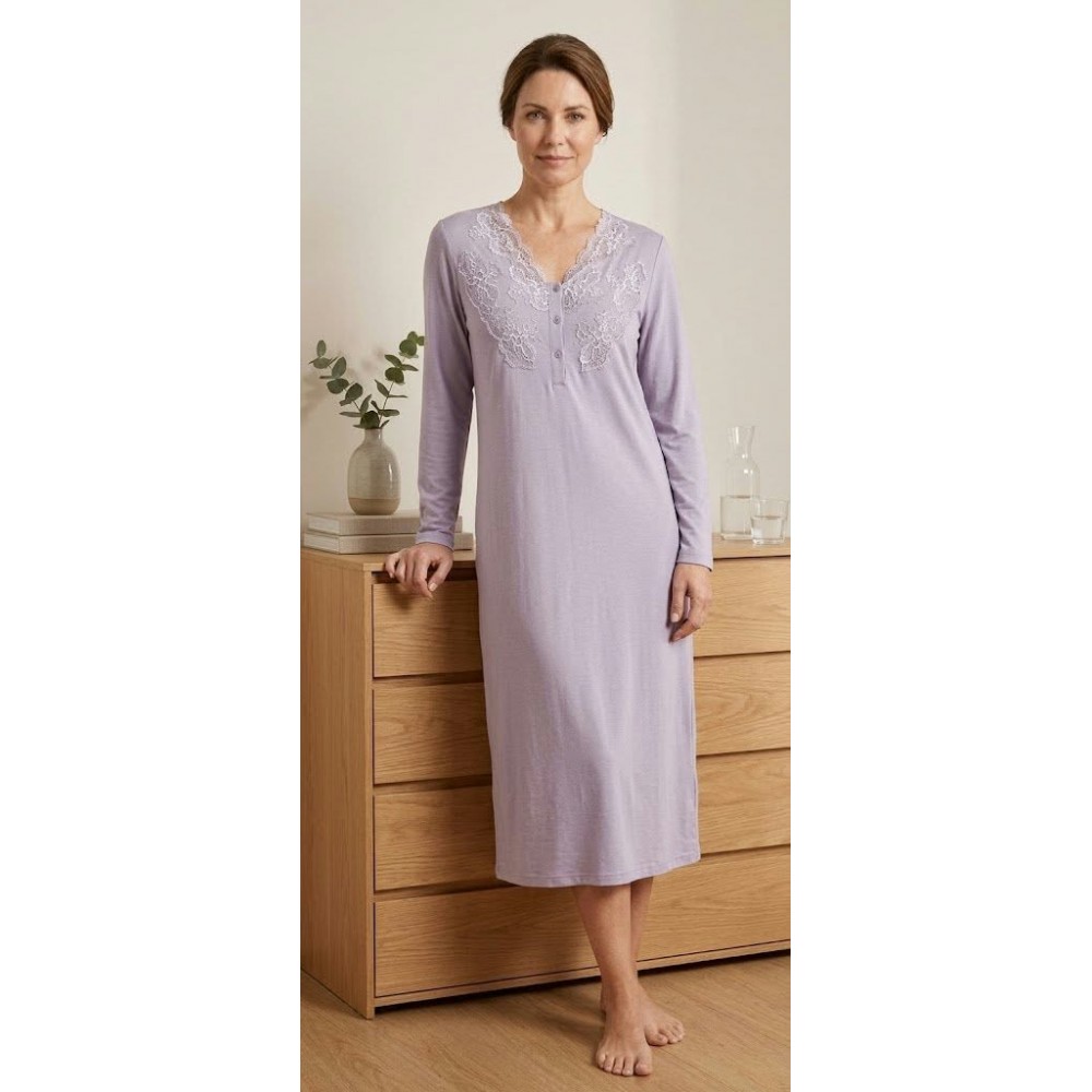 Pen-ky Lingerie 12953D2, Μακρύ Νυχτικό Βαμβάκι-Modal με δαντέλα, ΒΙΟΛΕΤΙ