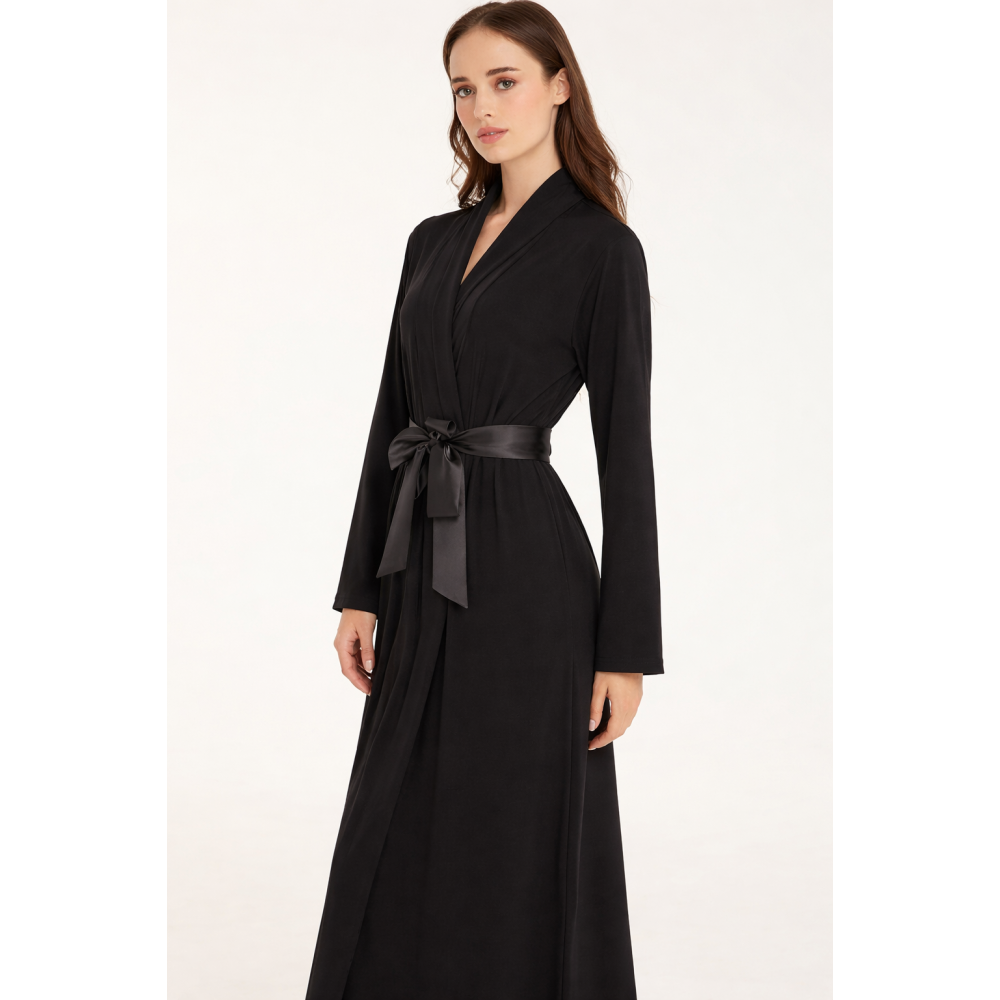 Pen-ky Lingerie 22931D1, Γυναικεία Μάξι Ρόμπα με διακοσμητική σατέν κορδέλα, ΜΑΥΡΟ