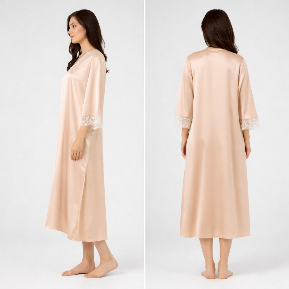 Pen-ky Lingerie 16809D4 BAIRA, Γυναικείο Midi Σατέν Νυχτικό  με 3/4 μανίκι και δαντέλα, ΜΠΕΖ-ΣΟΜΟΝ