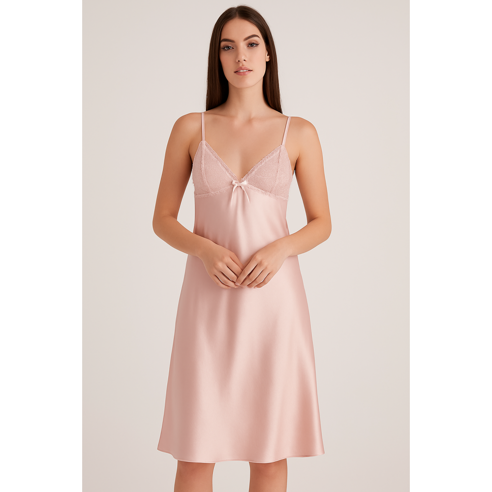 Σατέν Midi Νυχτικο Pen-ky Lingerie Veronique 16864, από φίνα δαντέλα, ΡΟΖ