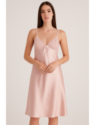 Σατέν Midi Νυχτικο Pen-ky Lingerie Veronique 16864, από φίνα δαντέλα, ΡΟΖ