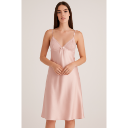 Σατέν Midi Νυχτικο Pen-ky Lingerie Veronique 16864, από φίνα δαντέλα, ΡΟΖ