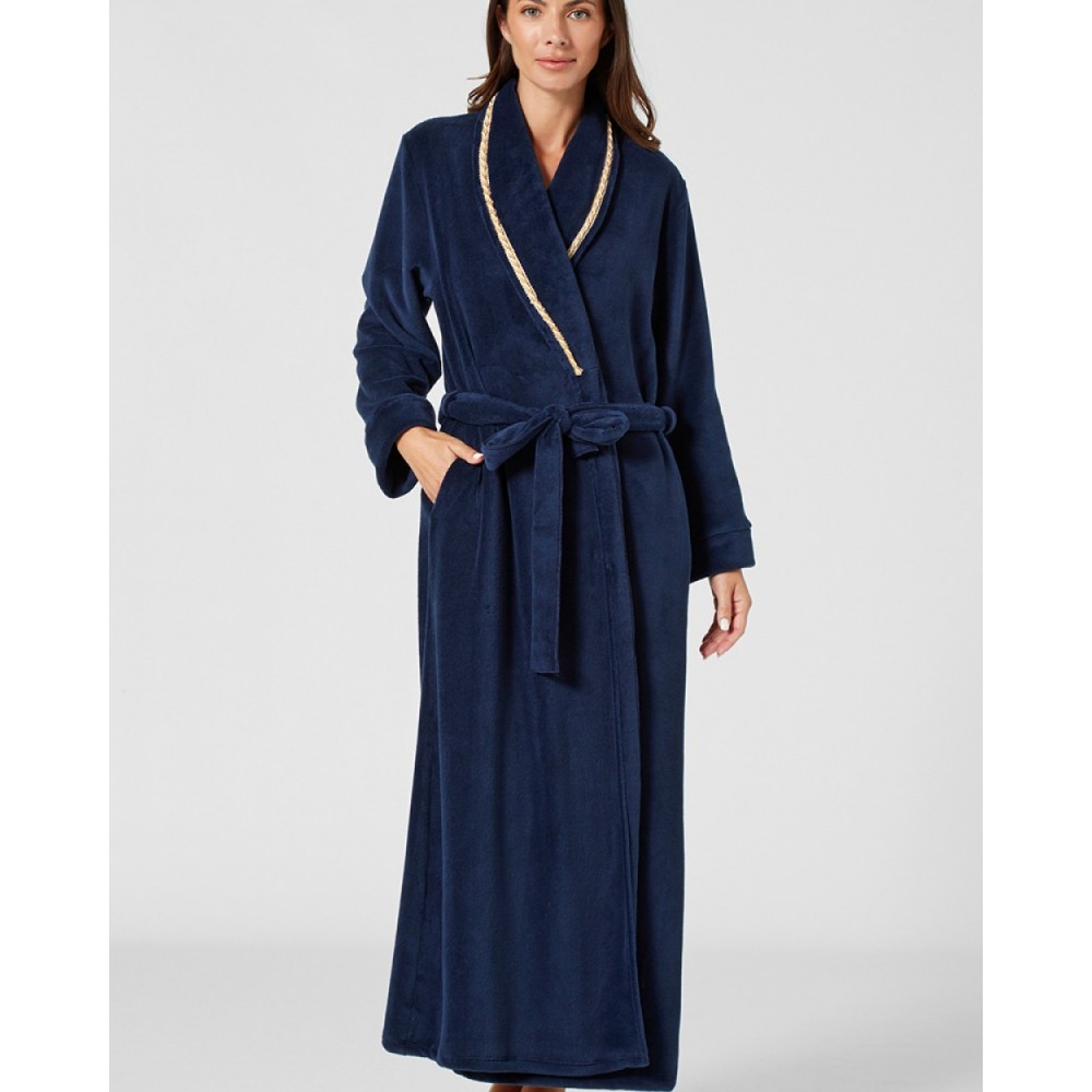 PEN-KY LINGERIE 23998D5. Ρόμπα Μάξι Φλις Σταυρωτή με τρέσα, ΜΠΛΕ ΣΚΟΥΡΟ