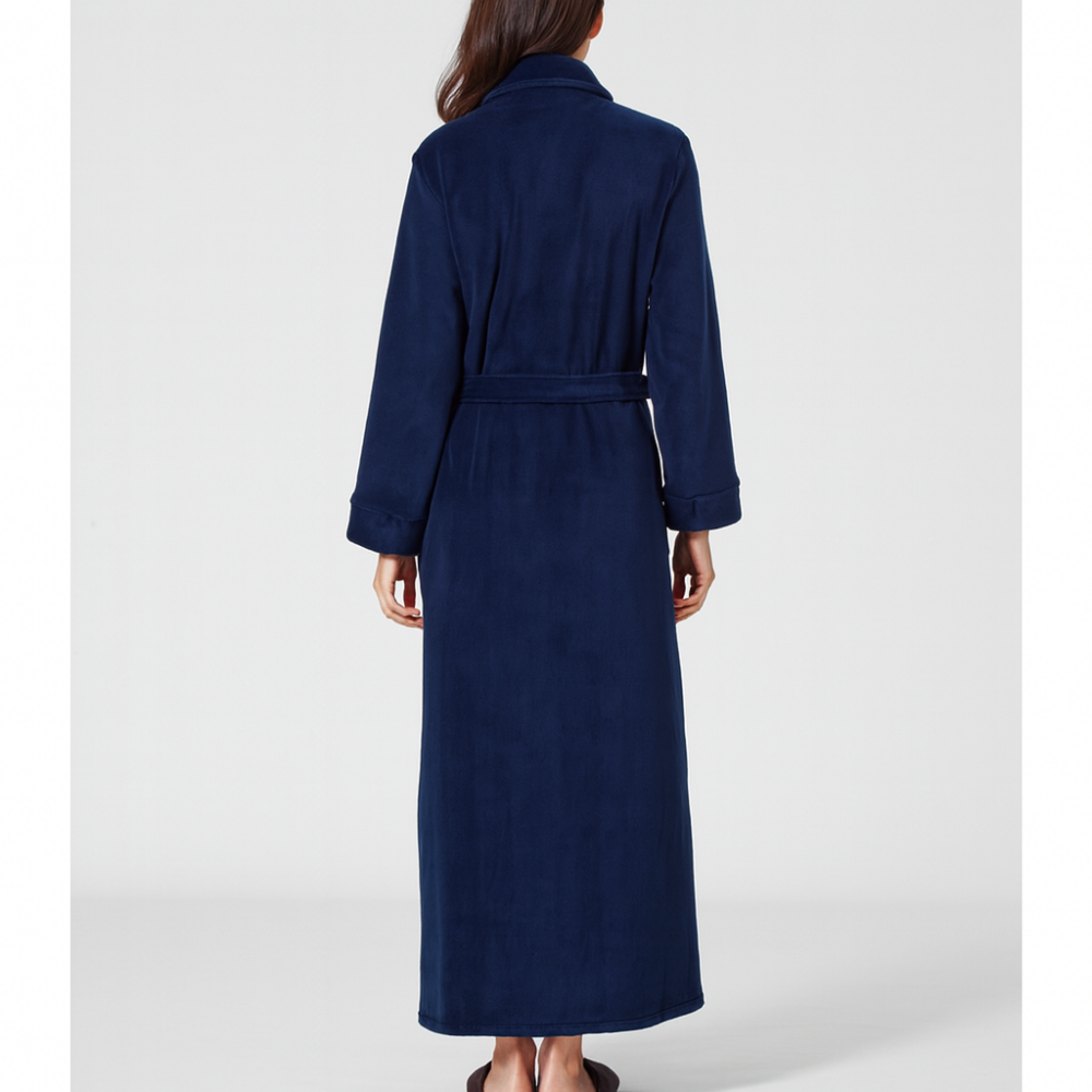 PEN-KY LINGERIE 23998D5. Ρόμπα Μάξι Φλις Σταυρωτή με τρέσα, ΜΠΛΕ ΣΚΟΥΡΟ