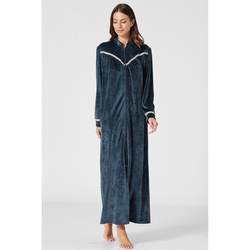 Pen-ky Lingerie 29978D5, Γυναικεία Βελούδινη Ρόμπα Μάξι με φερμουάρ, ΜΠΛΕ