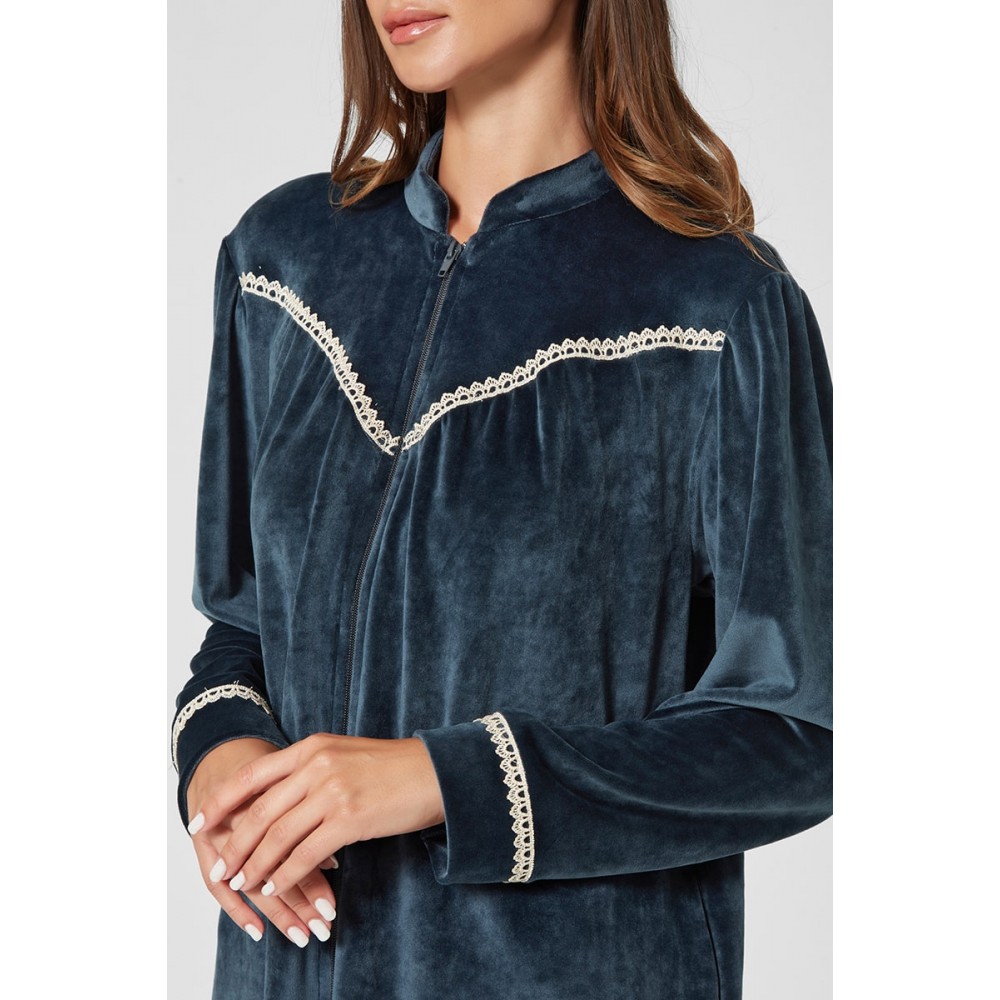 Pen-ky Lingerie 29978D5, Γυναικεία Βελούδινη Ρόμπα Μάξι με φερμουάρ, ΜΠΛΕ