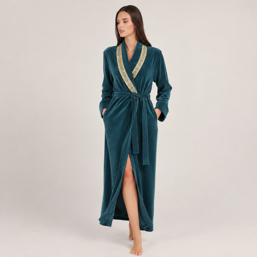 Maxi Ρόμπα Βελούδο Pen-ky Lingerie 29993D3 με διακοσμητική τρέσσα στο γιακά, ΠΕΤΡΟΛ