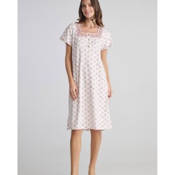 Pen-ky Lingerie 11402C5, Γυναικείο Βαμβακερό Νυχτικό ELISE Κοντό Μανίκι, ΦΛΟΡΑΛ ΕΚΡΟΥ