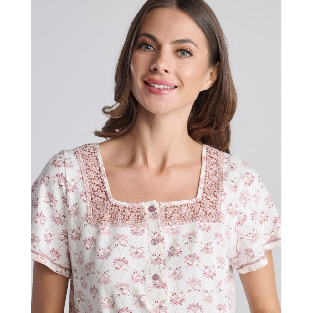 Pen-ky Lingerie 11402C5, Γυναικείο Βαμβακερό Νυχτικό ELISE Κοντό Μανίκι, ΦΛΟΡΑΛ ΕΚΡΟΥ