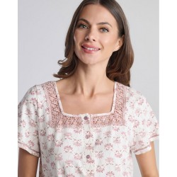 Pen-ky Lingerie 11402C5, Γυναικείο Βαμβακερό Νυχτικό ELISE Κοντό Μανίκι, ΦΛΟΡΑΛ ΕΚΡΟΥ