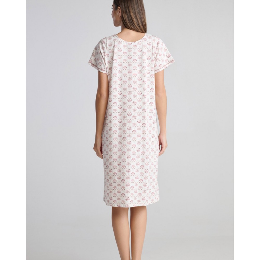 Pen-ky Lingerie 11402C5, Γυναικείο Βαμβακερό Νυχτικό ELISE Κοντό Μανίκι, ΦΛΟΡΑΛ ΕΚΡΟΥ