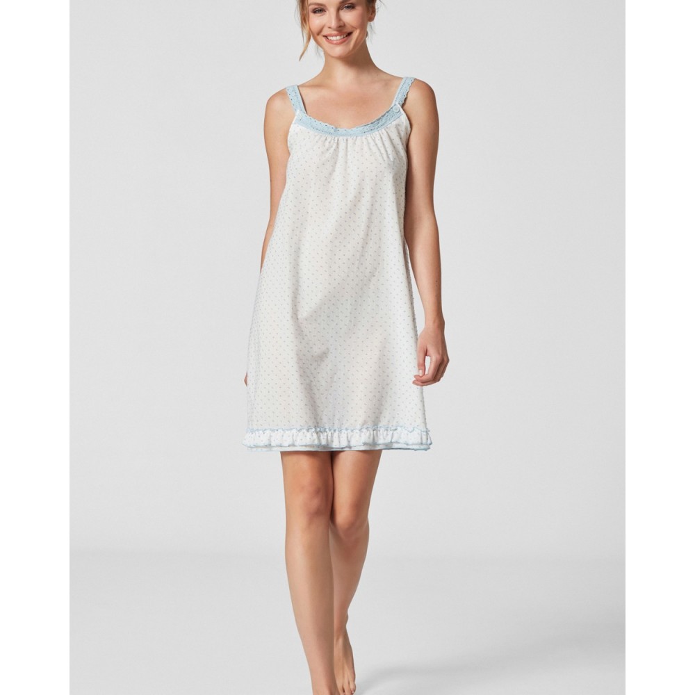 Pen-ky Lingerie 15015C6 , Γυναικείο Νυχτικό NORA από ποπαλίνα πουά με τρέσα, ΣΙΕΛ-ΚΡΕΜ