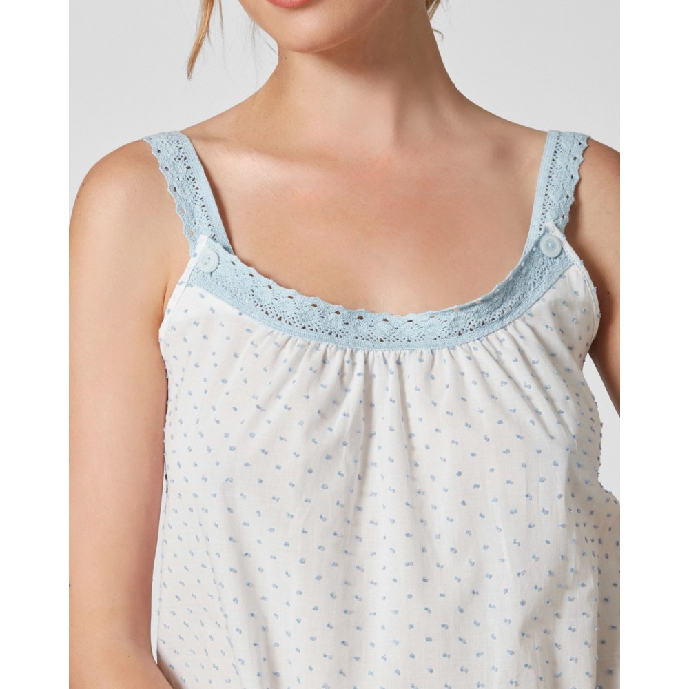 Pen-ky Lingerie 15015C6 , Γυναικείο Νυχτικό NORA από ποπαλίνα πουά με τρέσα, ΣΙΕΛ-ΚΡΕΜ