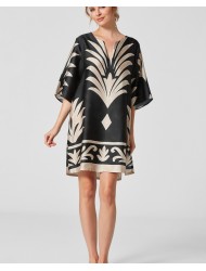 Pen-ky Lingerie 66702C6 Emanuela, Καλοκαιρινό Σατέν καφτάνι με print, ΜΑΥΡΟ