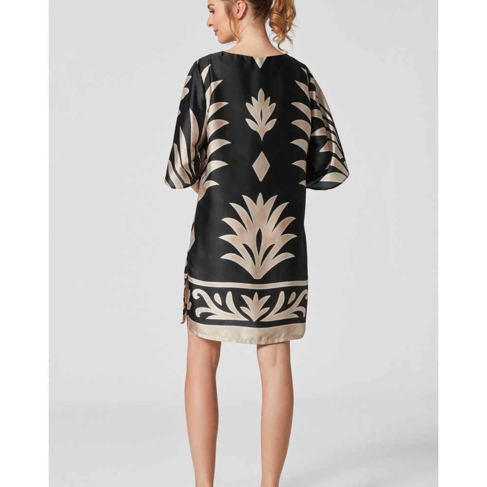 Pen-ky Lingerie 66702C6 Emanuela, Καλοκαιρινό Σατέν καφτάνι με print, ΜΑΥΡΟ