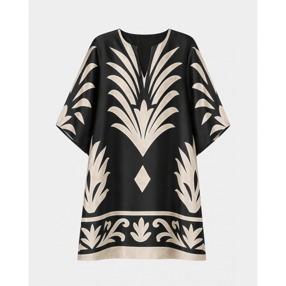 Pen-ky Lingerie 66702C6 Emanuela, Καλοκαιρινό Σατέν καφτάνι με print, ΜΑΥΡΟ