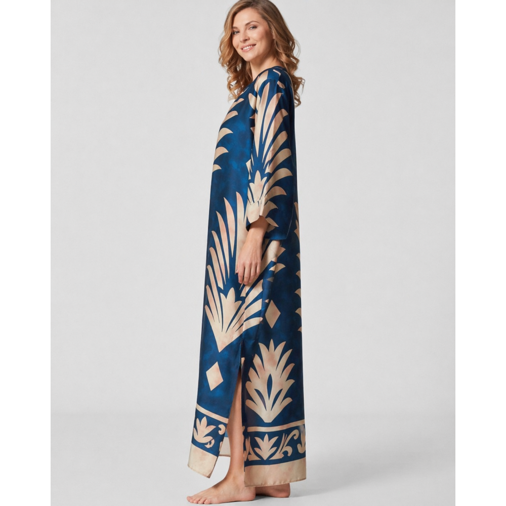 Pen-ky Lingerie 66902C6 Roh, Μάξι Καλοκαιρινό Σατέν καφτάνι με print, ΜΠΛΕ