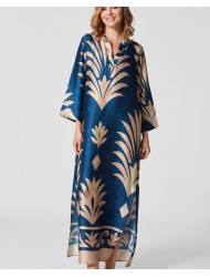 Pen-ky Lingerie 66902C6 Roh, Μάξι Καλοκαιρινό Σατέν καφτάνι με print, ΜΠΛΕ