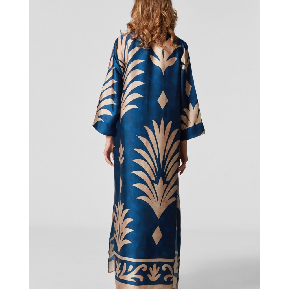 Pen-ky Lingerie 66902C6 Roh, Μάξι Καλοκαιρινό Σατέν καφτάνι με print, ΜΠΛΕ