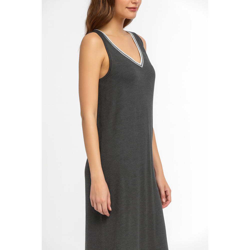 Pen-ky Lingerie 61801C3, Γυναικείο Midi Φόρεμα με ωμάκι και λευκόχρυσο ρέλι, ΑΝΘΡΑΚΙ