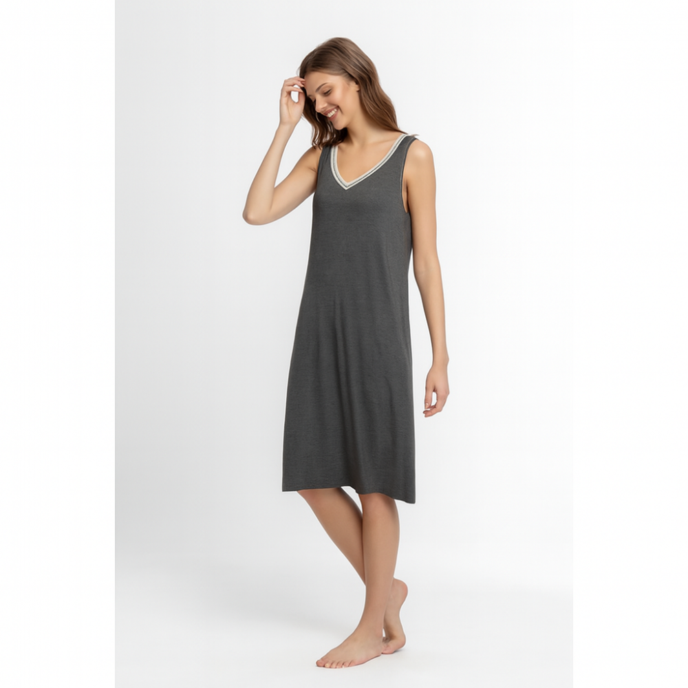 Pen-ky Lingerie 61801C3, Γυναικείο Midi Φόρεμα με ωμάκι και λευκόχρυσο ρέλι, ΑΝΘΡΑΚΙ