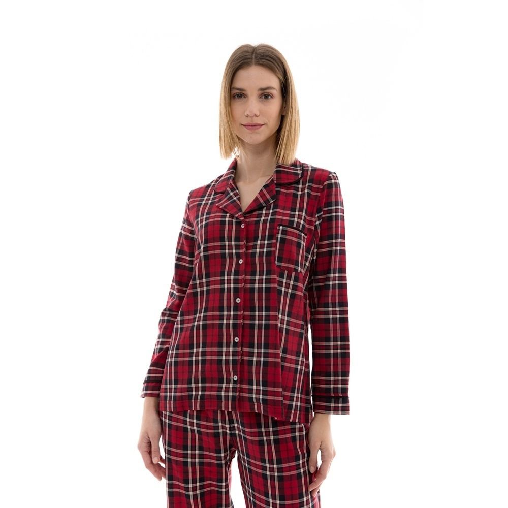 Pink Label W1425, Γυναικεία Πυτζάμα X"MAS κουμπωτή καρό, ΚΟΚΚΙΝΗ